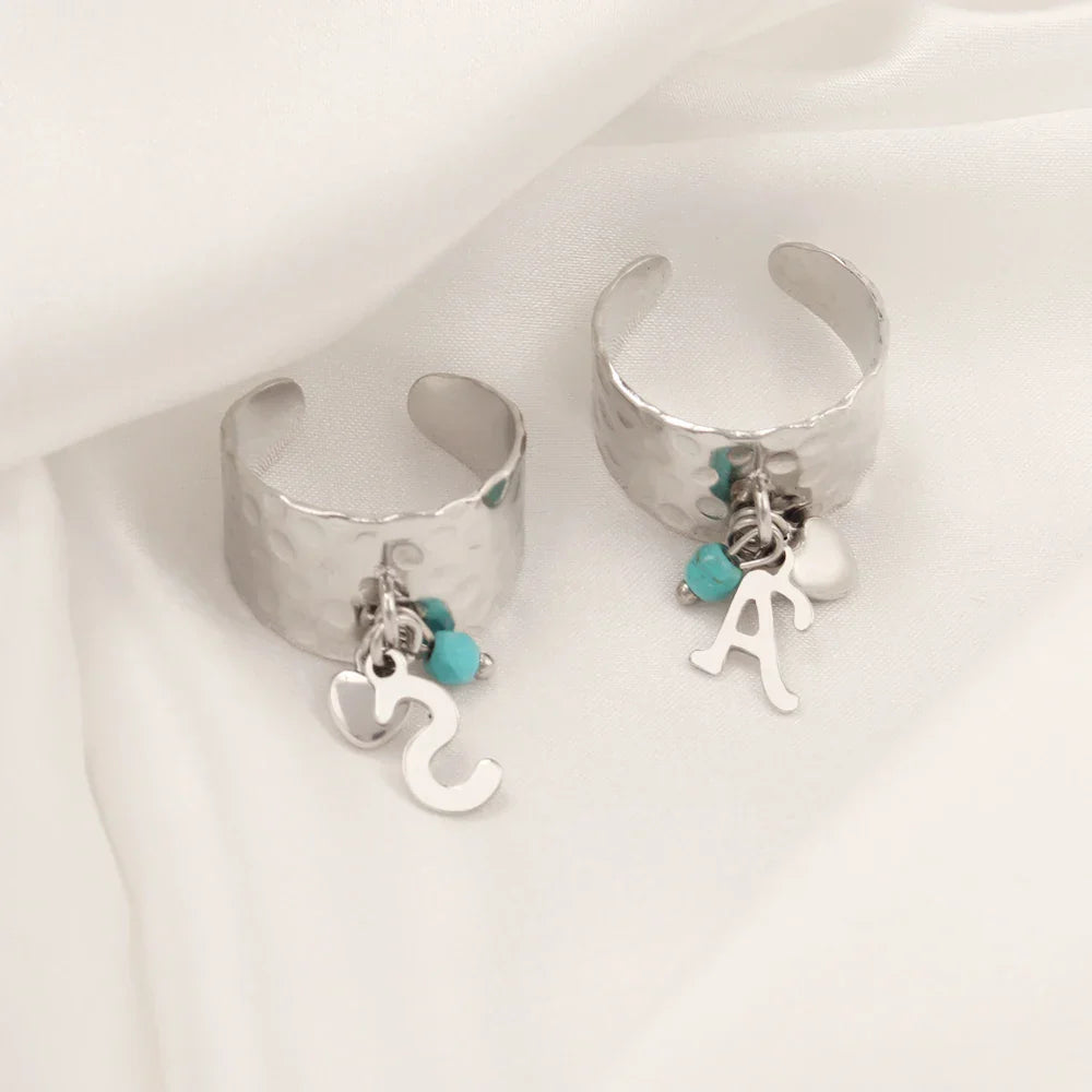 Maliben | Dainty Adjustable Letter Initial & Heart Pendant Ring