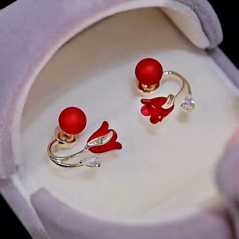 Maliben | Artistic Red Flower Korean Style Zircon Earrings