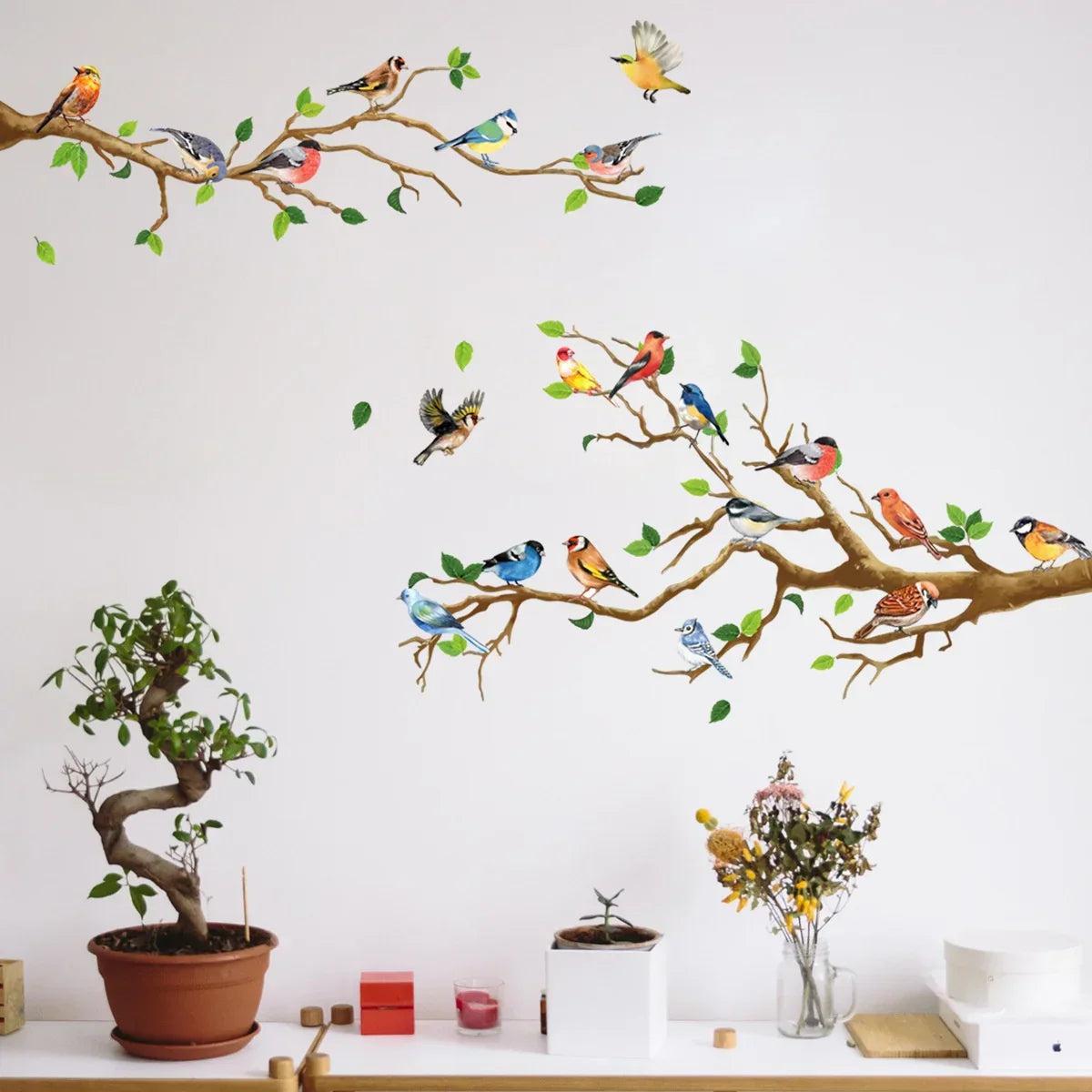 Maliben | Yunavi Wall Sticker Set Bird & Leaves In Vintage Style | 3d Effect | 4-Piece | Pvc | 25x35 Cm Per Sheet
