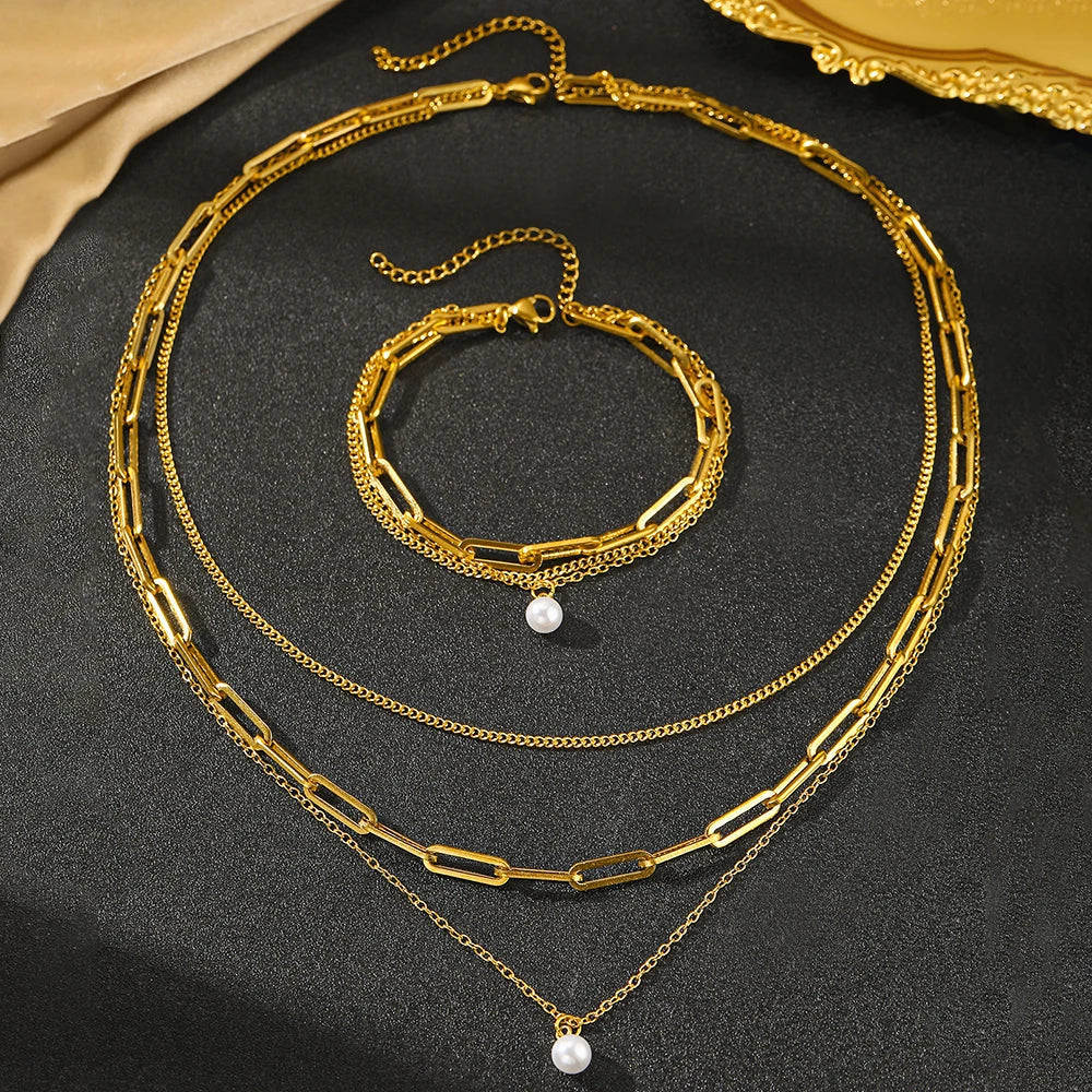 Maliben | Paperclip & Curb Chain Dainty Pearl Bracelet And Necklace Stack Set