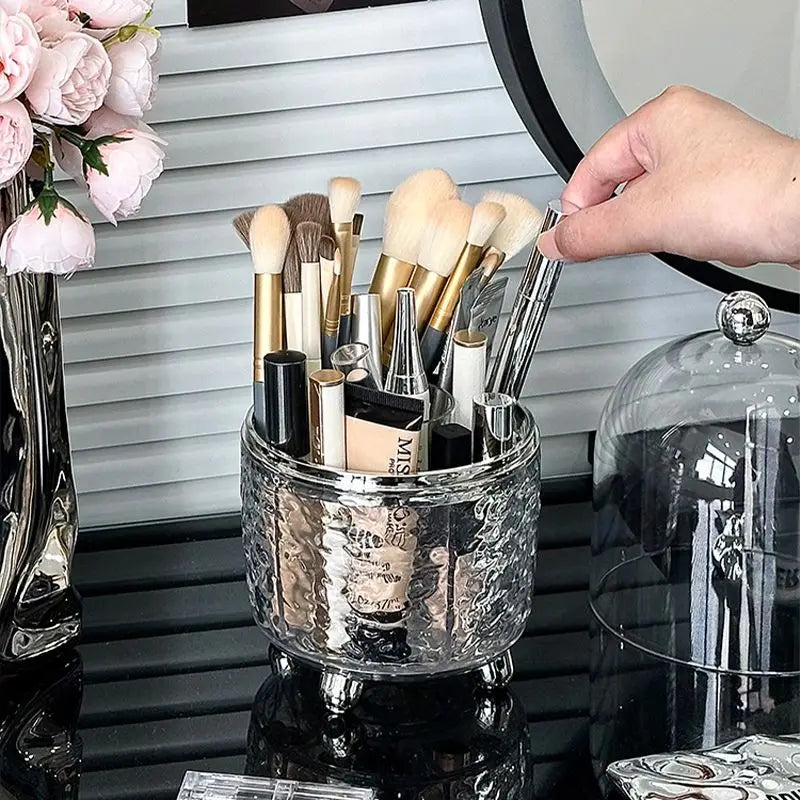 Maliben | Lumora Make-Up Brush Organizer With Lid | Dustproof & Rotatable | For Brushes, Lipsticks & Perfume | 360° Rotating | Silver/Gray