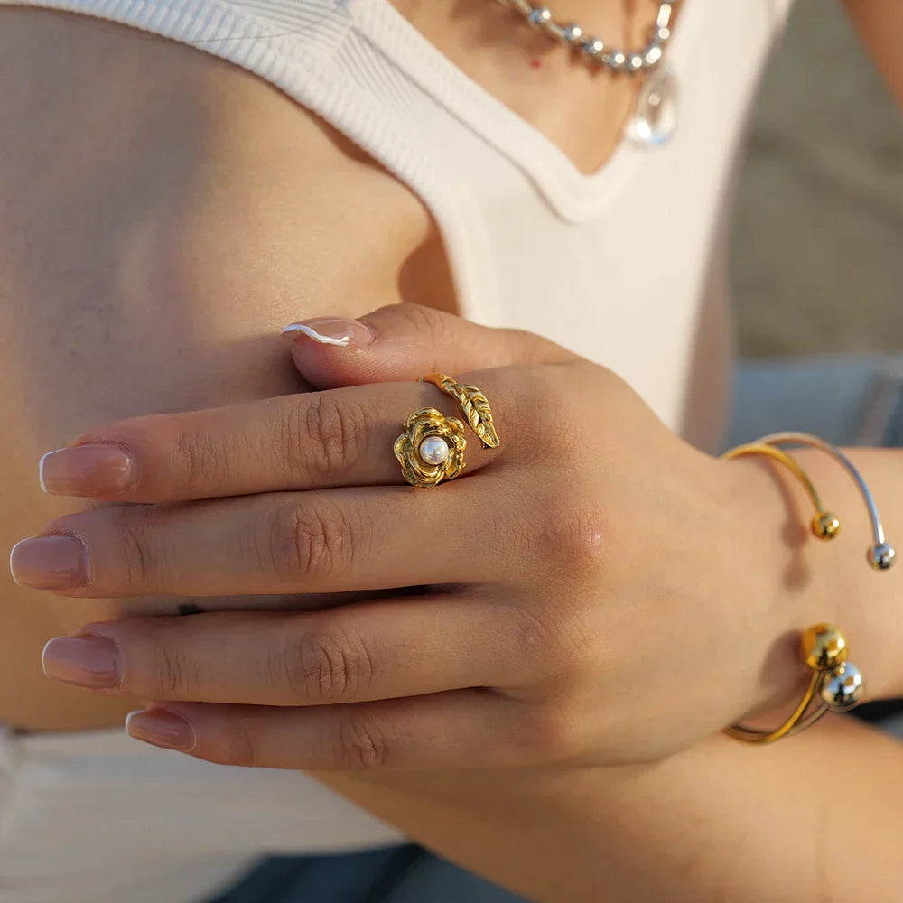 Maliben | Adjustable Pearl Camellia Flower Ring
