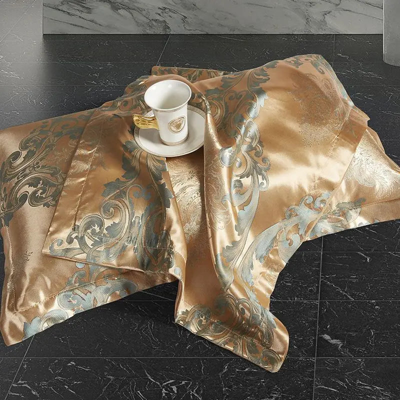 Maliben | Luxurious SatIn Rayon Jacquard Duvet Cover in Gold & Blue