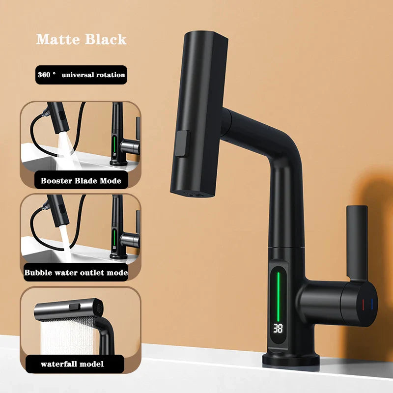 Maliben | Retractable Waterfall Faucet With Temperature Display In Stainless Steel