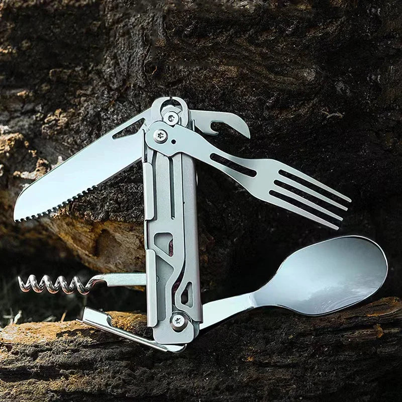 Maliben | Gearspork Outdoor Cutlery 6-In-1 | Foldable Multifunctional Cutlery Made Of Stainless Steel | Knife, Fork, Spoon, Can Opener & Bottle Opener | For Camping & Trekking