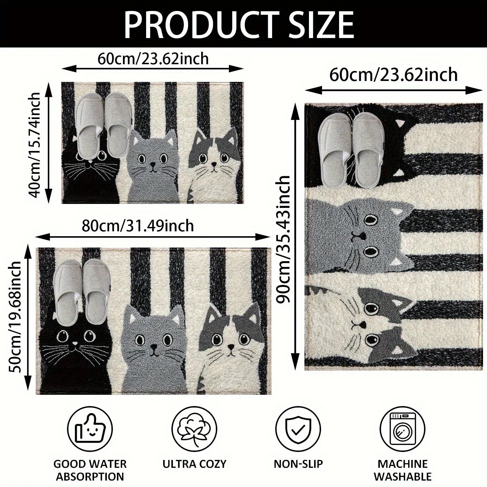 Maliben | Cat Rug Miyono | Soft & Waterproof | Non-Slip Mat With Stripes & Cartoon Cat Design | For Bedroom, Hallway & Living Room