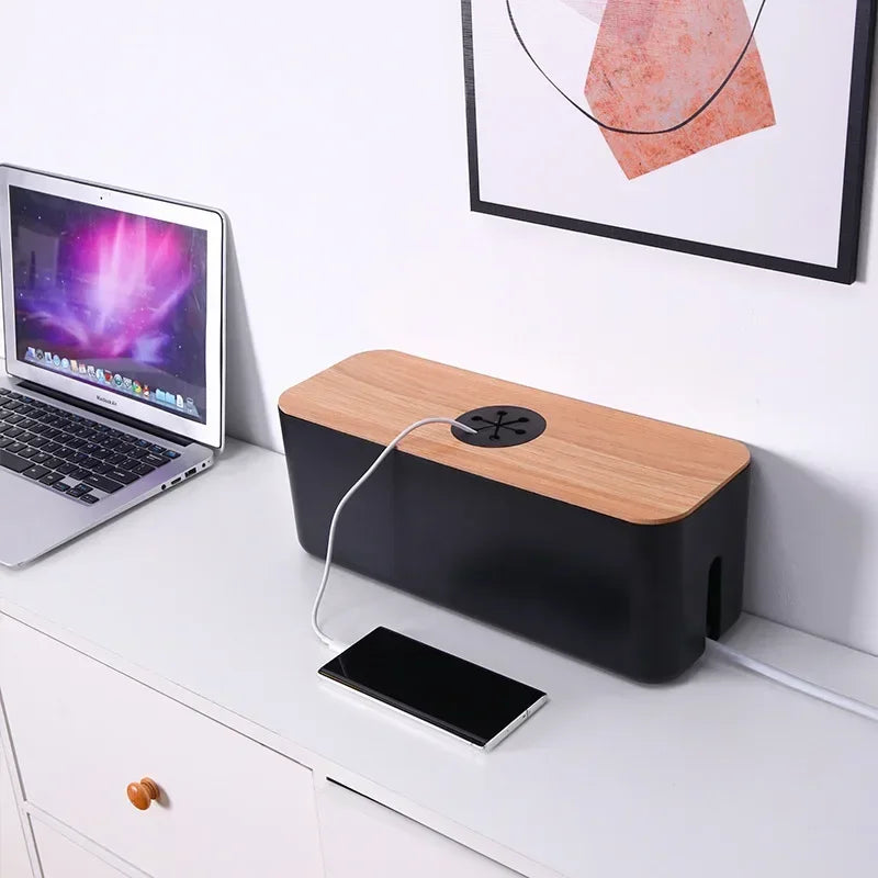 Maliben | Cable Box Orgawood | Desk Organizer Made Of Wood & Plastic | For Chargers, Cables & Accessories | 29.5×11.4×11 Cm