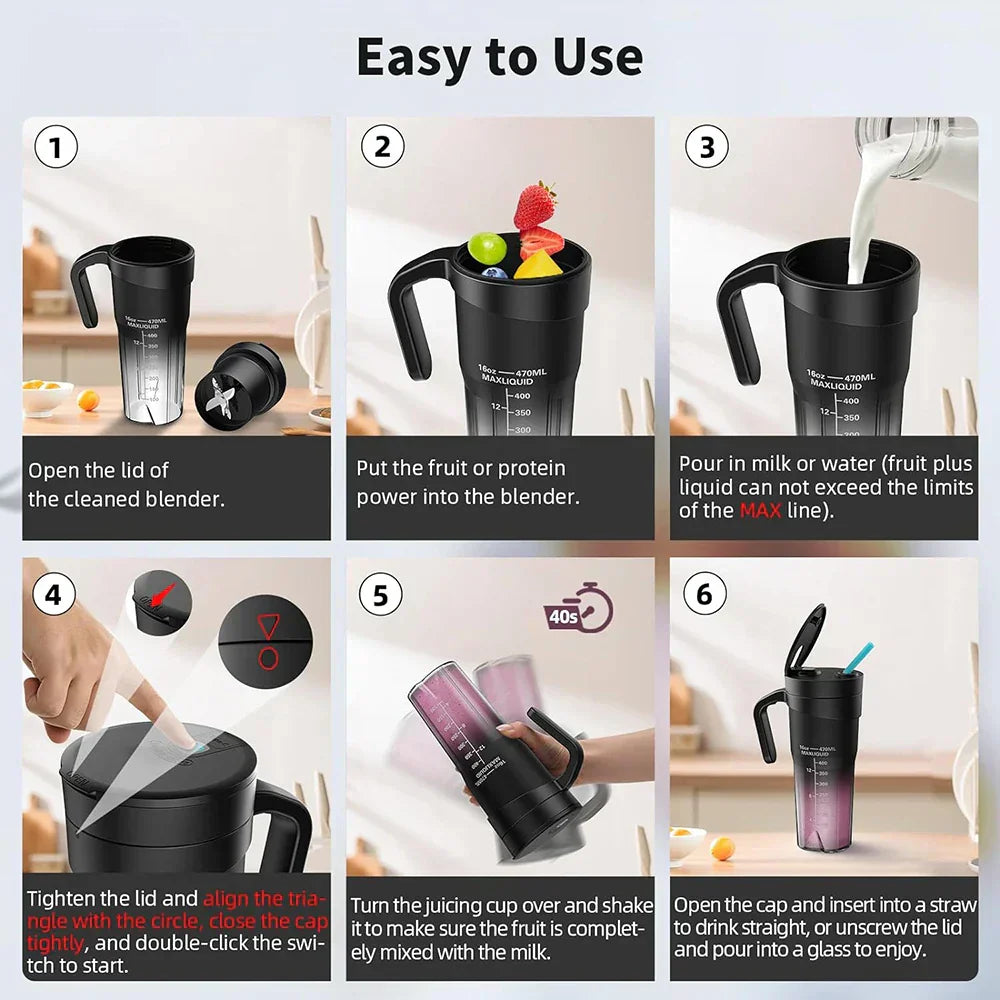 Maliben | Portable Juicer - Rechargeable Mini Mixer with 6 Sharp Blades for Shakes and Smoothies