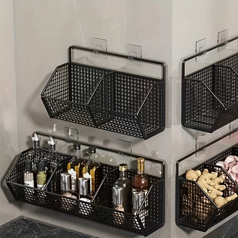 Maliben | Kitchen Basket 3in1 Storage Rack | For Onion, Garlic & Ginger | Rustproof & Wall-Mounted – Black