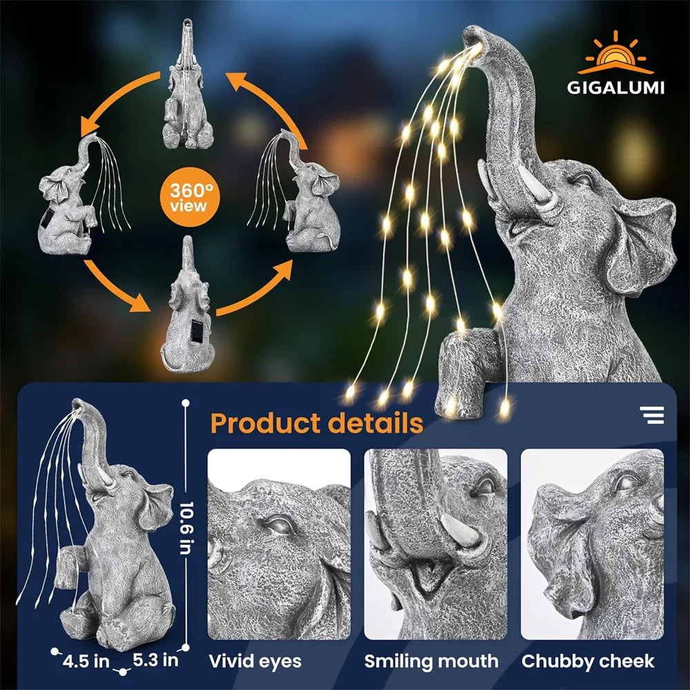 Maliben | Lumapachy Solar Elephant Figure With String Lights | Garden Decoration & Gift Idea | Waterproof Led Sculpture For Garden, Terrace & Balcony