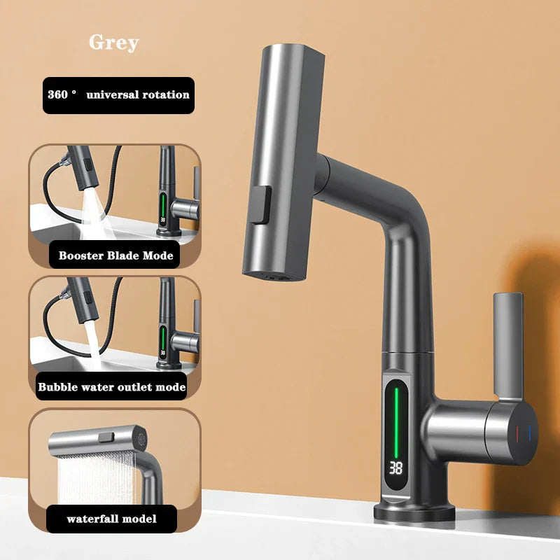 Maliben | Retractable Waterfall Faucet With Temperature Display In Stainless Steel