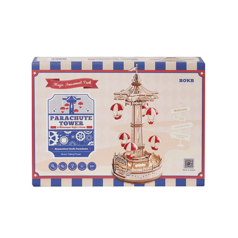 Maliben | Rokr Parachute Tower Music Box | 3d Wooden Puzzle With Movement & Light | Diy Kit 184 Pieces | Magical Carnival For Kids & Adults