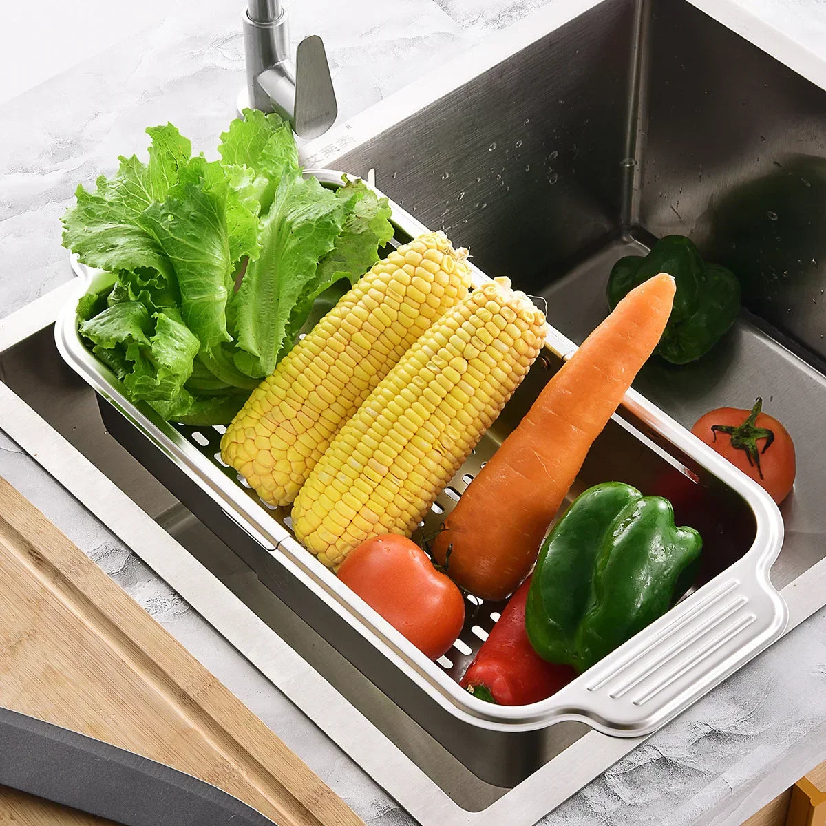 Maliben | Retractable Over Sink Stainless Steel Vegetable Drain Basket