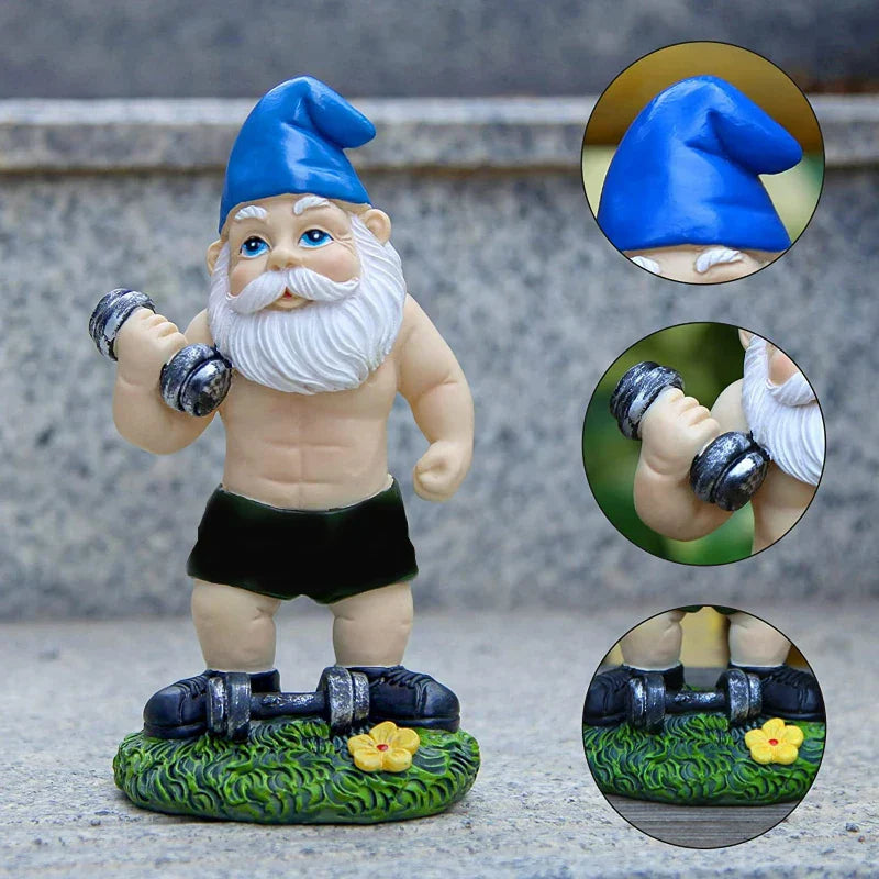 Maliben | Funny Gnome Figurine Made Of Resin As Weightlifter For Garden Decoration