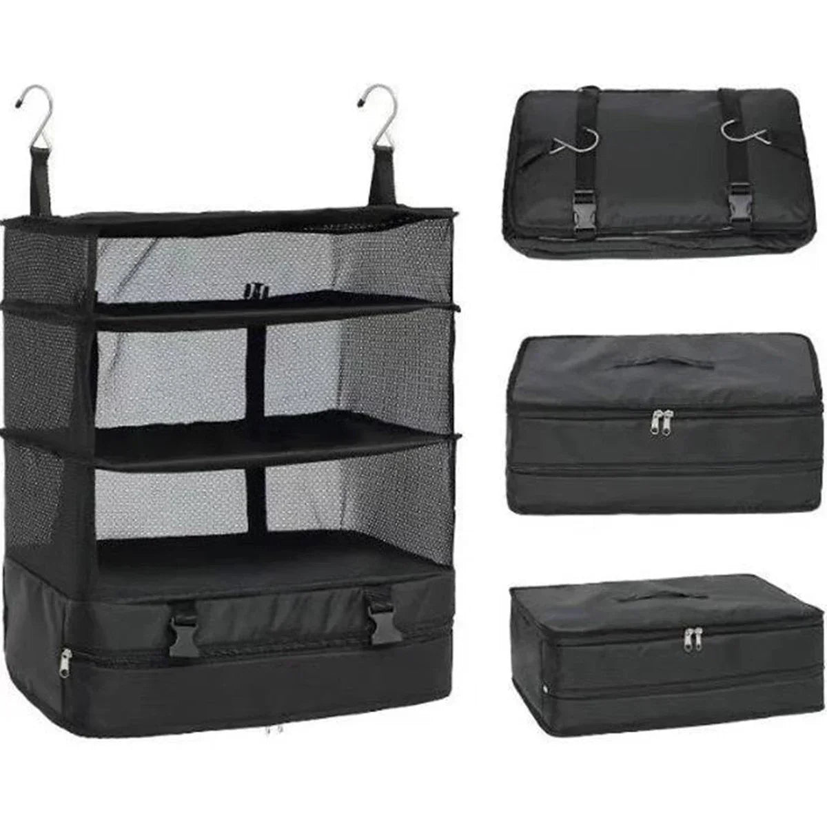 Maliben | Packelier Suitcase Organizer | Hanging Shelf For Travel | 3 Compartments | Foldable & Water-Resistant | Black