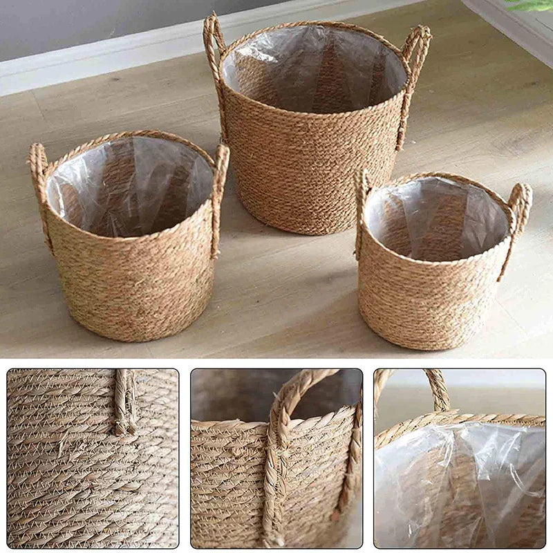 Maliben | Nordic Extra Large Straw Flower Pot Seaweed Storage Basket Potted Green Plant Flower Basket Hand Woven Floor Indoor Flower Pot