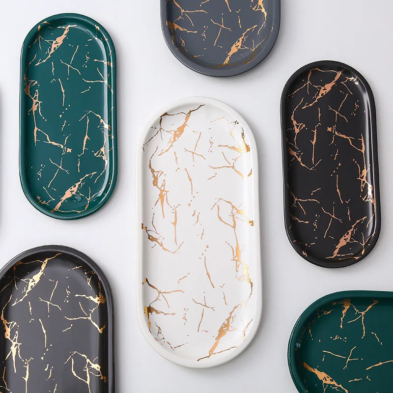 Maliben | Nordic Ins Ceramic Marble Oval Tray Jewelry Storage Tray Accessories Soap Holder Golden Wave Bathroom Cup Bath Decoration