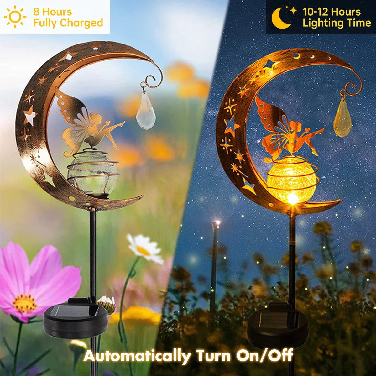 Maliben | Lunafeya Solar Garden Light With Moon & Fairy | Crackle Glass Ball | Ip55 Waterproof | Romantic Decor For Path & Bed