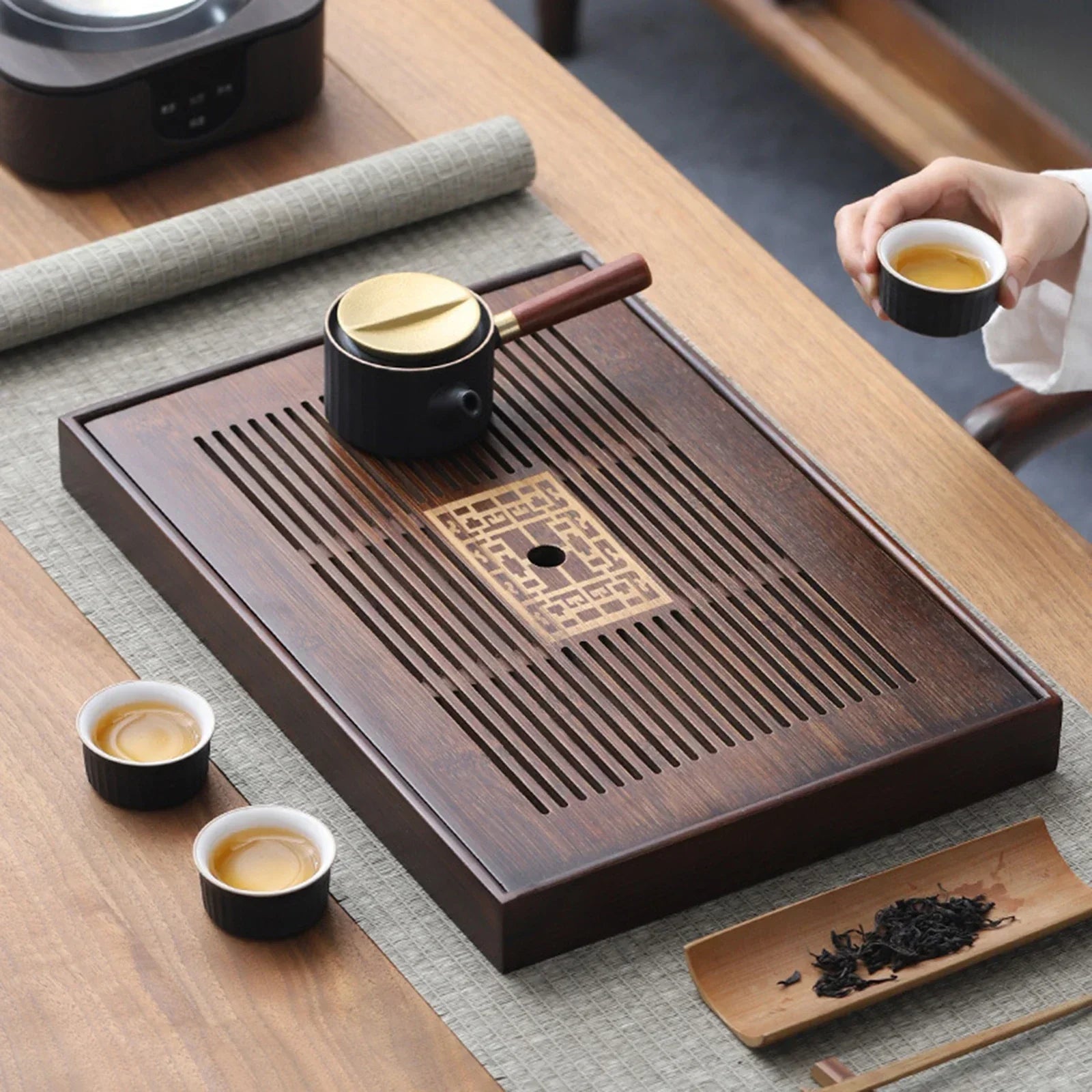 Maliben | Chinese Tea Tray with Water Storage Box Durable Simple Drainage Type Plate Tea Serving Tray for Teahouse Home Household Office
