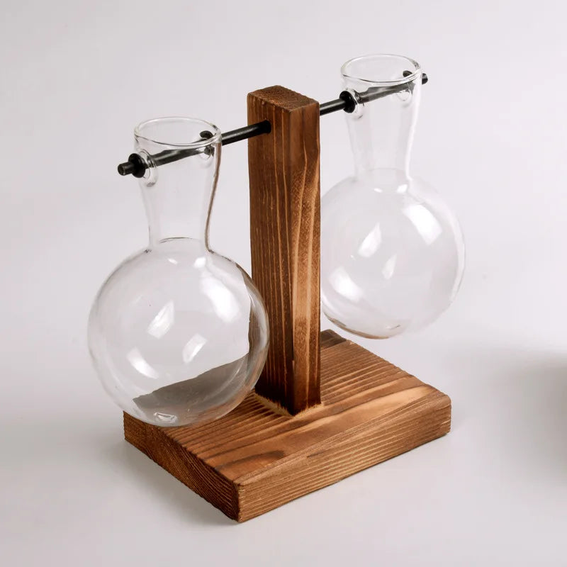 Maliben | Naturiva Design Glass Vase With Wooden Frame | For Cut Flowers & Hydroponics | Scandinavian Style | 3-Piece Set