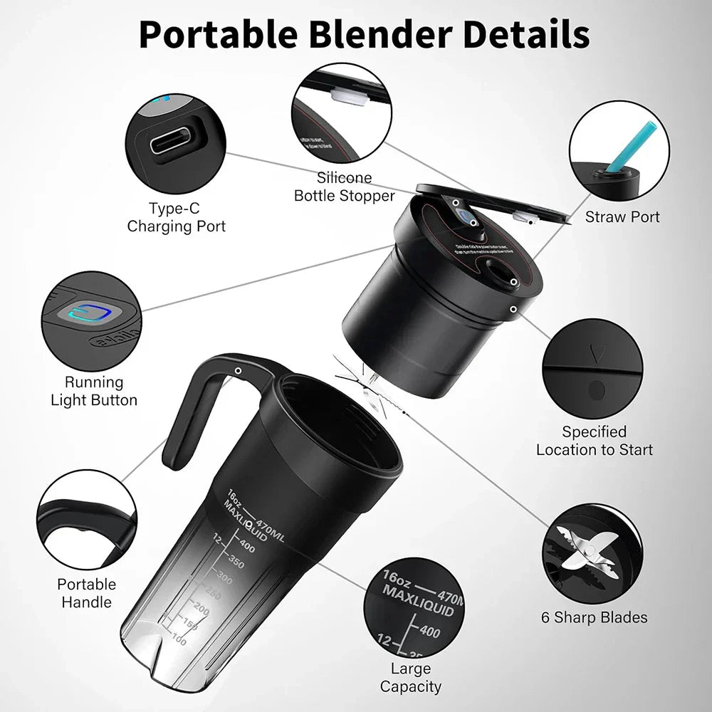 Maliben | Portable Juicer - Rechargeable Mini Mixer with 6 Sharp Blades for Shakes and Smoothies