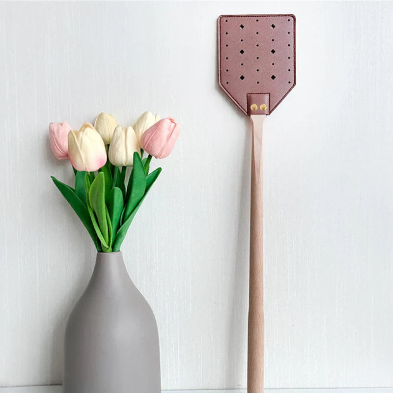Maliben | Insektra Leather Fly Swatter With Wood Handle | 13×10 Cm Striking Surface | Stainless Steel Rivets | Hanging Device
