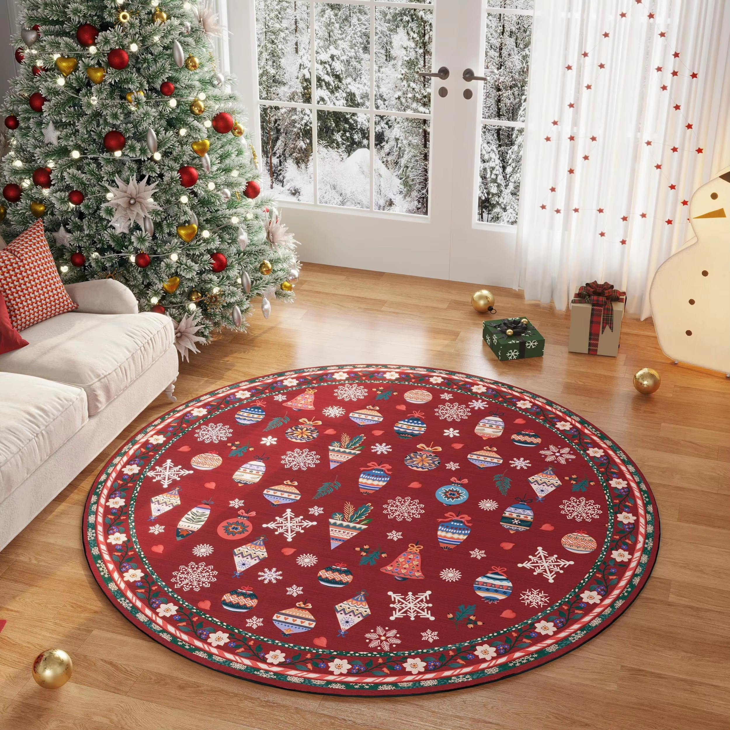 Maliben | Beige Round Floral Rug With Washable Non-Slip Backing, Fade Resistant For Living Room