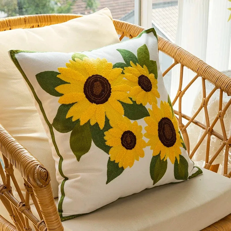 Maliben | Cotton Embroidered Decorative Pillow 45x45 Cm With Sunflower Pattern