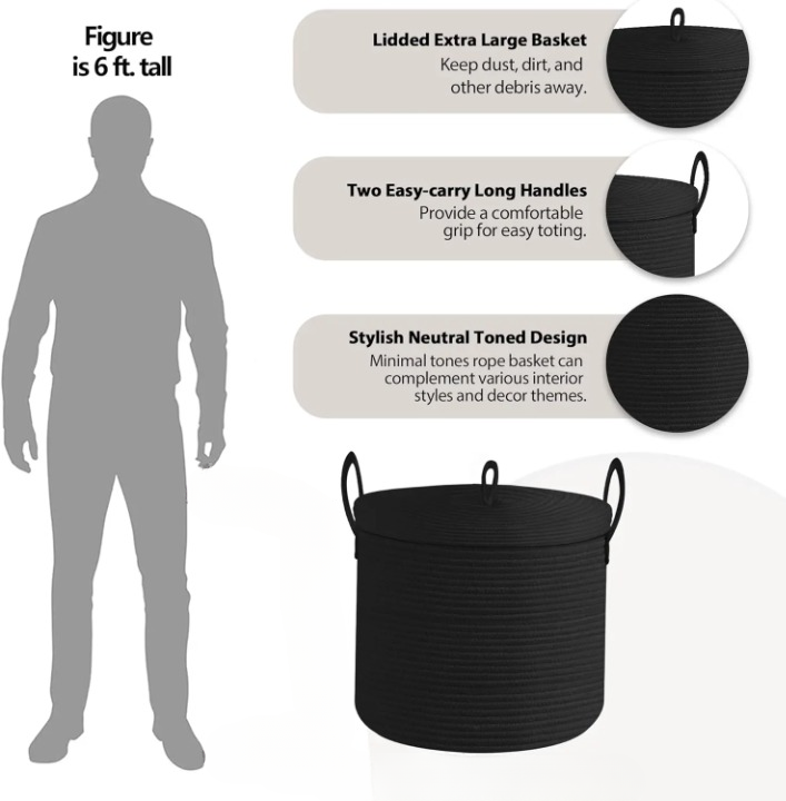 Maliben | Large Black Cotton Rope Storage Basket With Lid – Selwyn