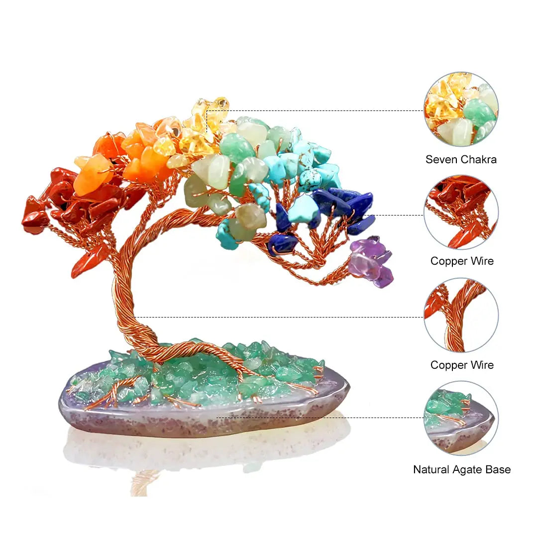 Maliben | Crystal Tree Auroratree | Natural Gemstones | Agate Base & Copper Wire | Feng Shui Lucky Tree 10 Cm