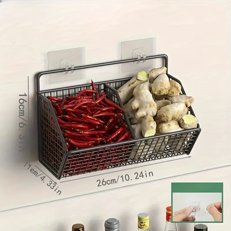 Maliben | Kitchen Basket 3in1 Storage Rack | For Onion, Garlic & Ginger | Rustproof & Wall-Mounted – Black