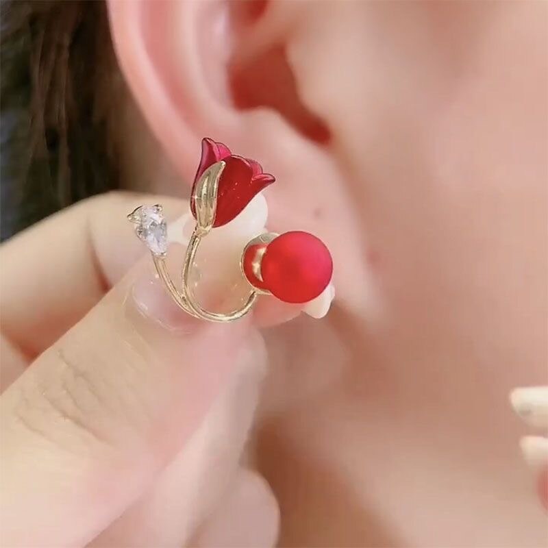 Maliben | Artistic Red Flower Korean Style Zircon Earrings