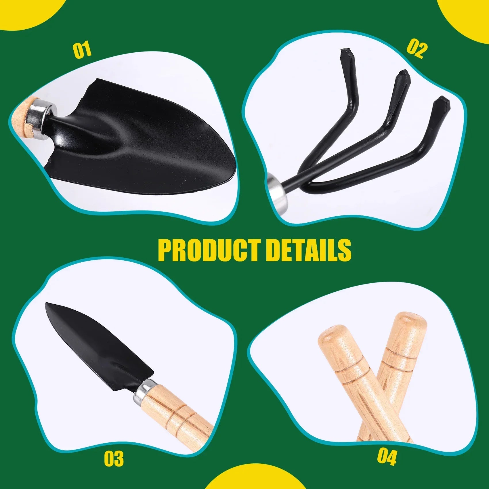 Maliben | Planturio Mini Garden Tool Set 3-Piece | Spade, Shovel & Rake | Wooden Handle & Metal Head | For Bonsai & Houseplants