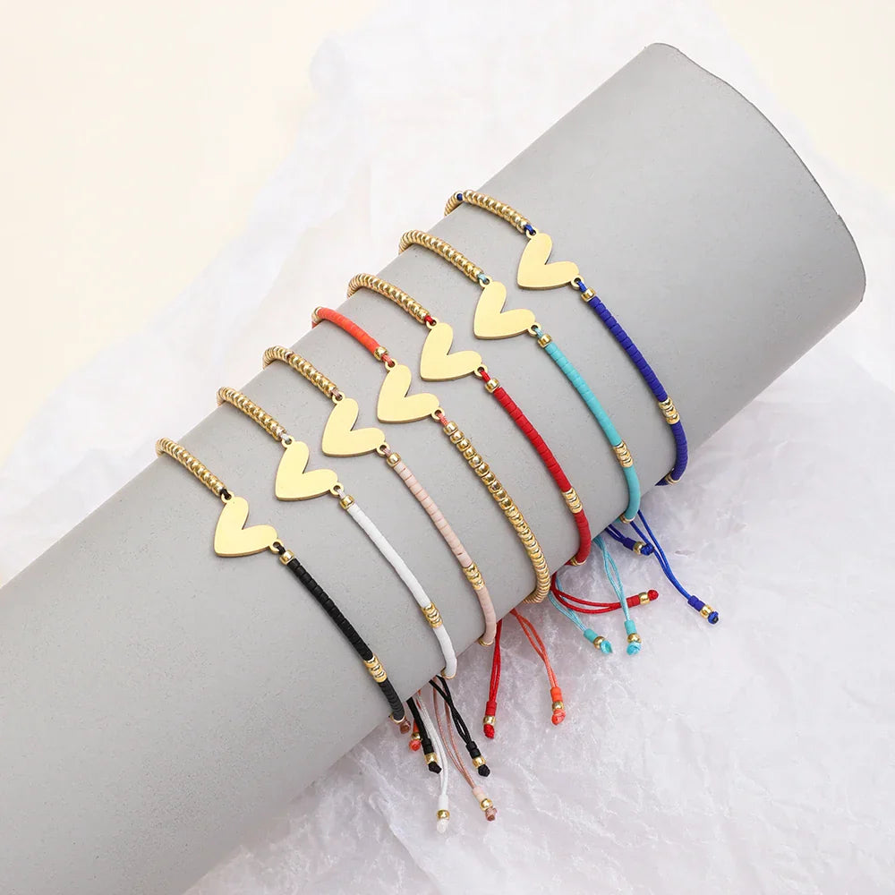 Maliben | Adjustable Dainty Beaded Flat Heart Bracelet
