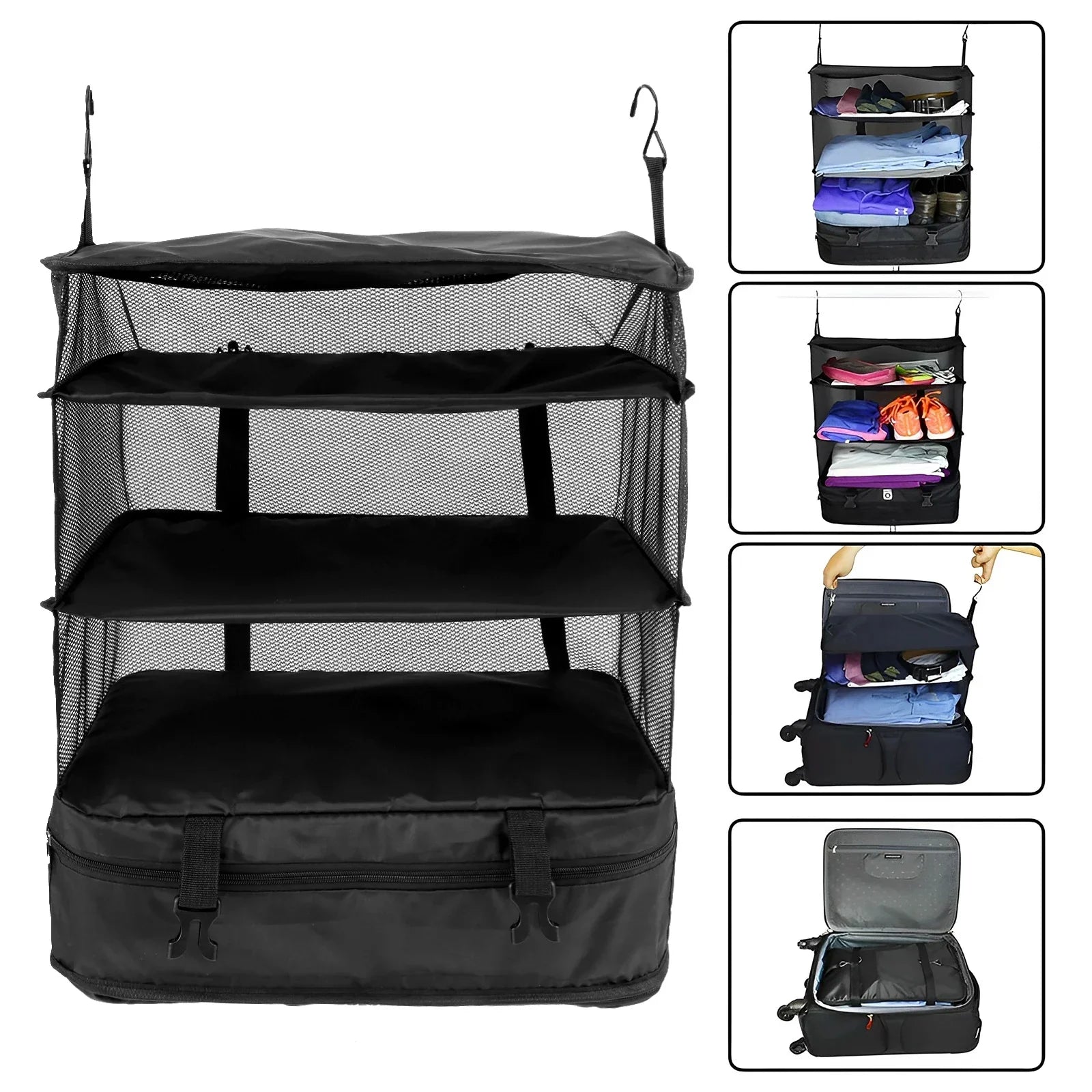 Maliben | Packelier Suitcase Organizer | Hanging Shelf For Travel | 3 Compartments | Foldable & Water-Resistant | Black