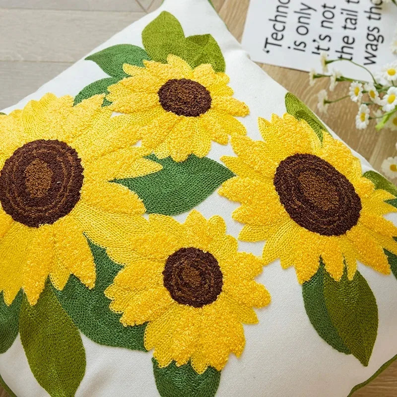 Maliben | Cotton Embroidered Decorative Pillow 45x45 Cm With Sunflower Pattern