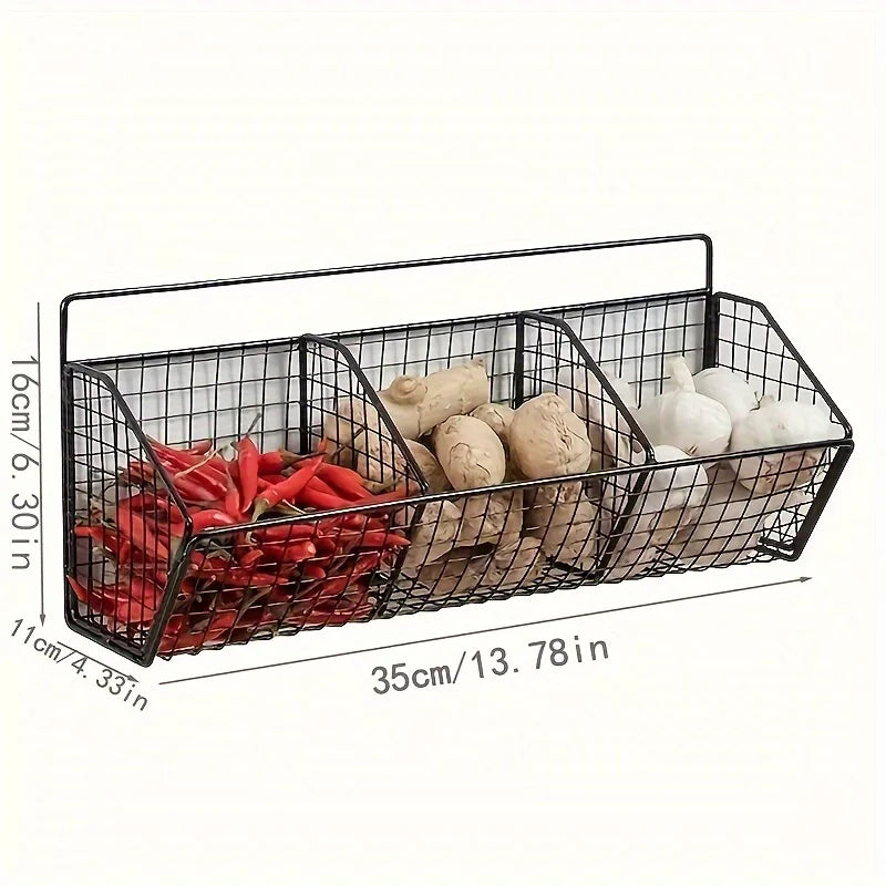 Maliben | Kitchen Basket 3in1 Storage Rack | For Onion, Garlic & Ginger | Rustproof & Wall-Mounted – Black