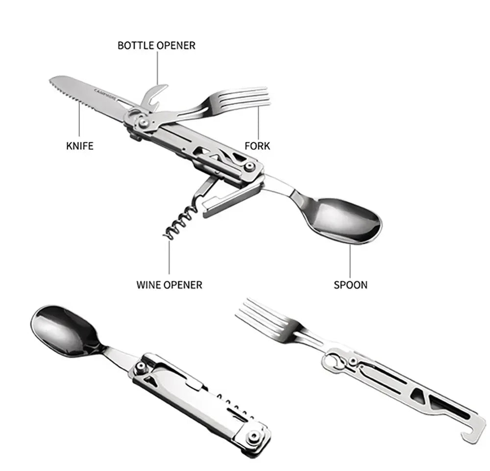 Maliben | Gearspork Outdoor Cutlery 6-In-1 | Foldable Multifunctional Cutlery Made Of Stainless Steel | Knife, Fork, Spoon, Can Opener & Bottle Opener | For Camping & Trekking