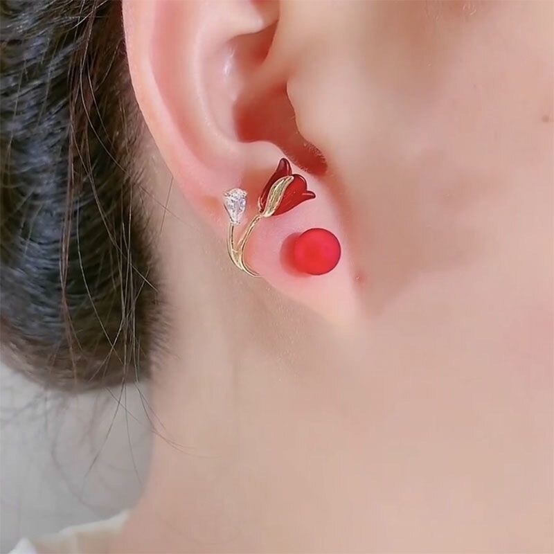Maliben | Artistic Red Flower Korean Style Zircon Earrings