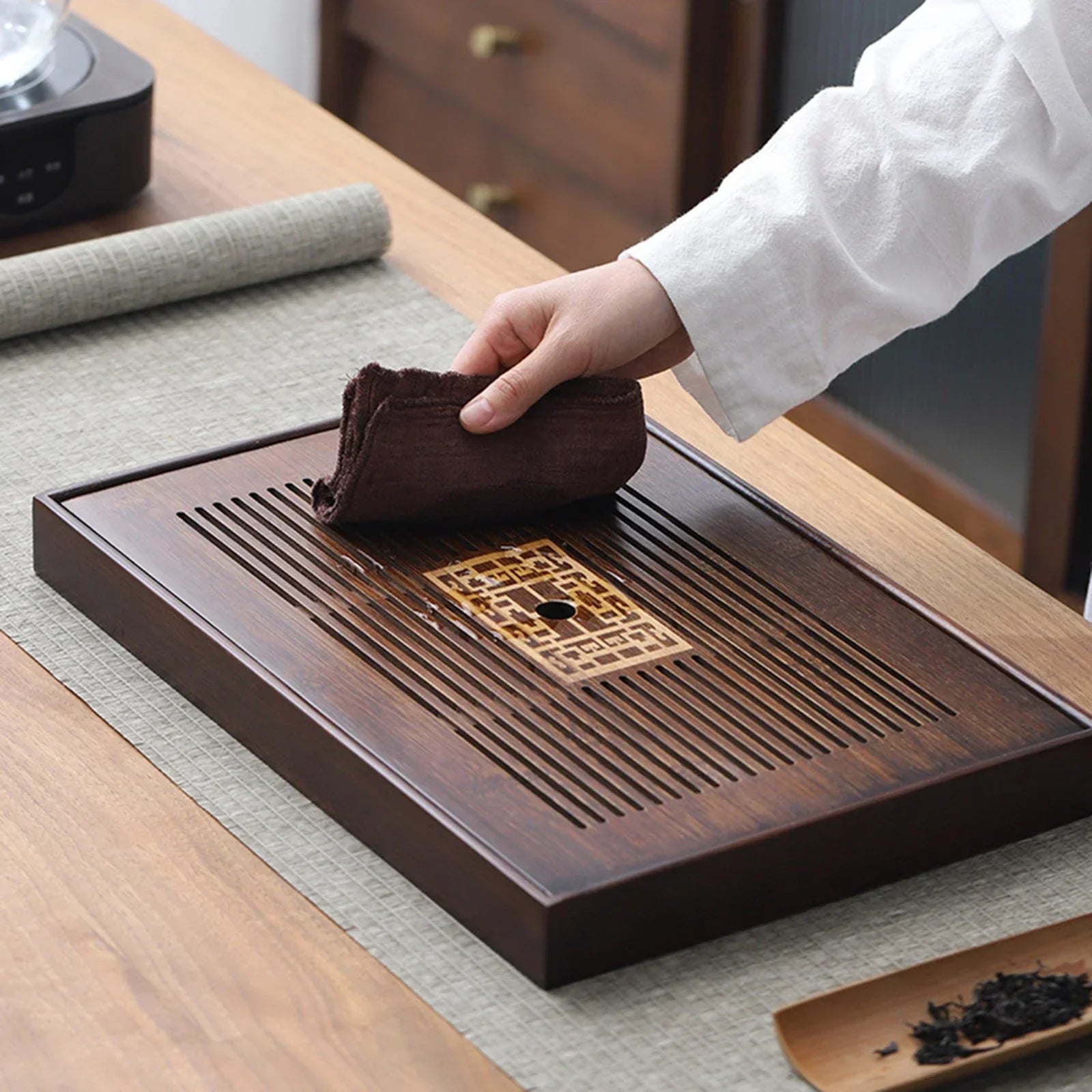 Maliben | Chinese Tea Tray with Water Storage Box Durable Simple Drainage Type Plate Tea Serving Tray for Teahouse Home Household Office