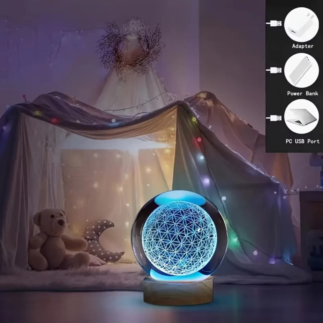 Maliben | Enchanting 3d Flower Of Life Crystal Ball With Color-Changing Usb Nightlight
