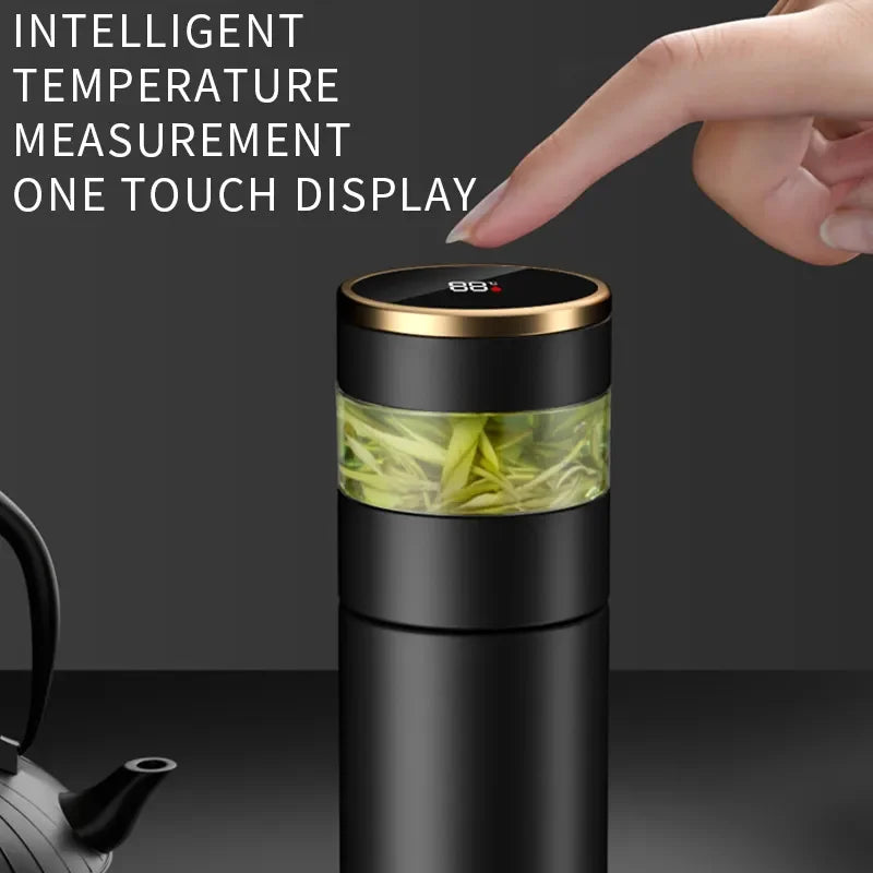Maliben | Thermobrew | Insulated Bottle With Led Temperature Display & Tea Strainer | 450 Ml | Stainless Steel 304 | Black