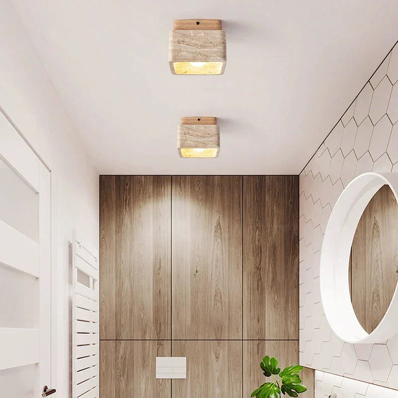 Maliben | Square Travertine & Wood Led Ceiling Lamp
