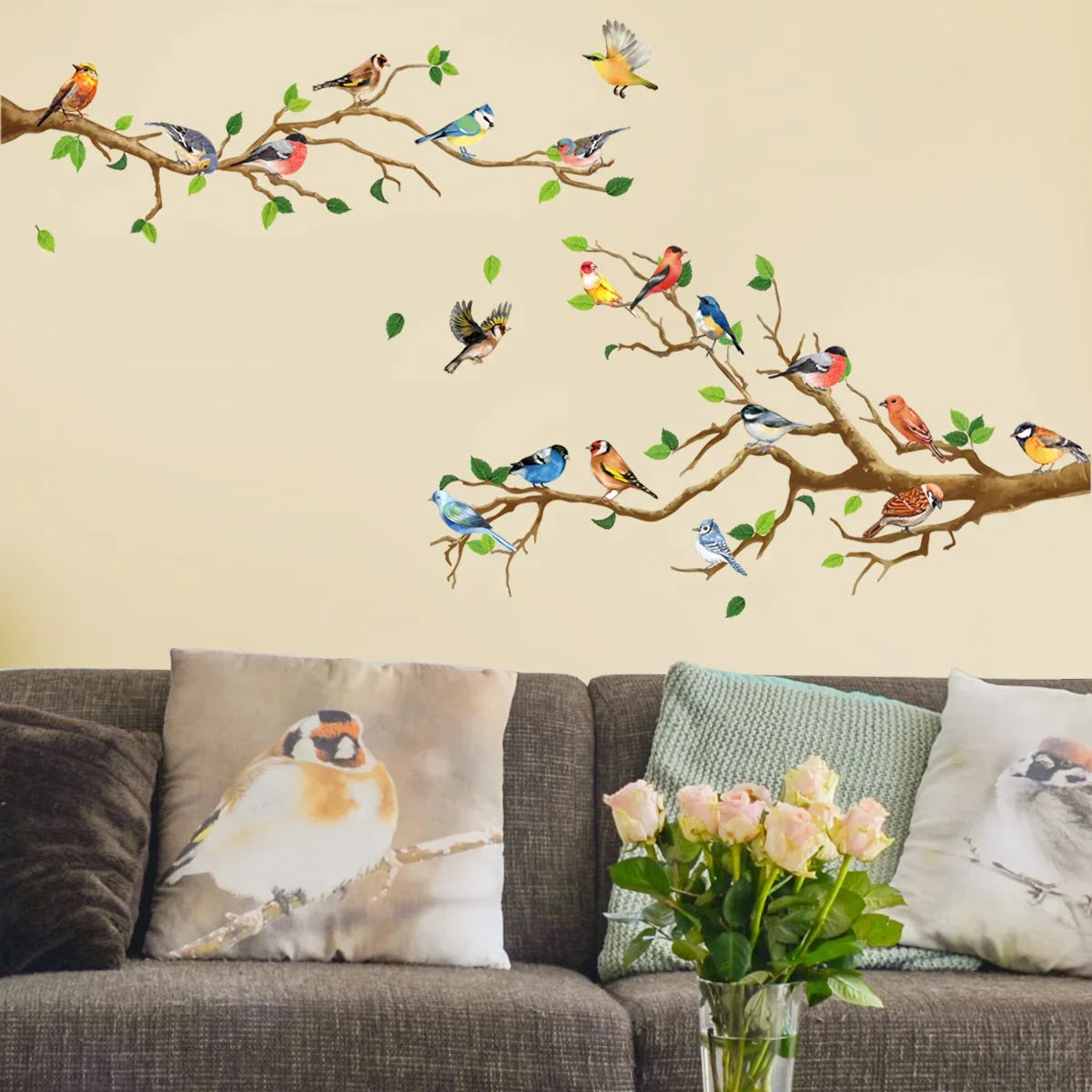 Maliben | Yunavi Wall Sticker Set Bird & Leaves In Vintage Style | 3d Effect | 4-Piece | Pvc | 25x35 Cm Per Sheet