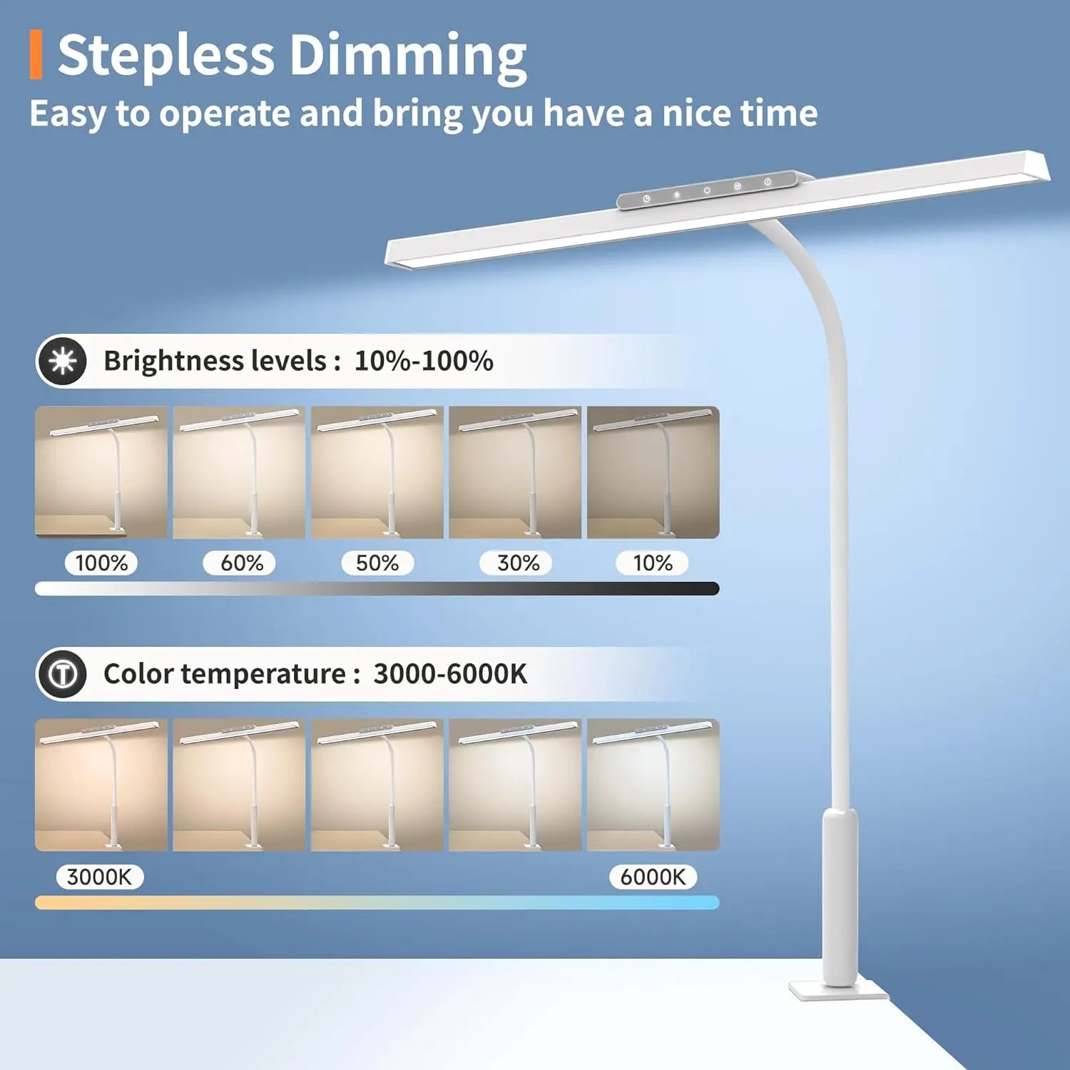 Maliben | Lumavue Led Desk Lamp With Clamp | Extra Wide Illumination | Stepless Dimmable & Adjustable Color Temperature | For Home Office & Screen Workstation