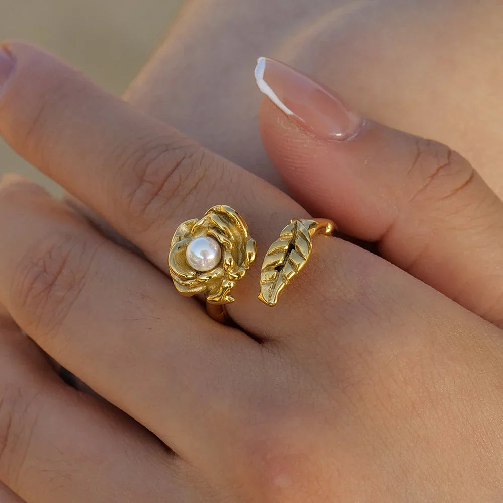 Maliben | Adjustable Pearl Camellia Flower Ring