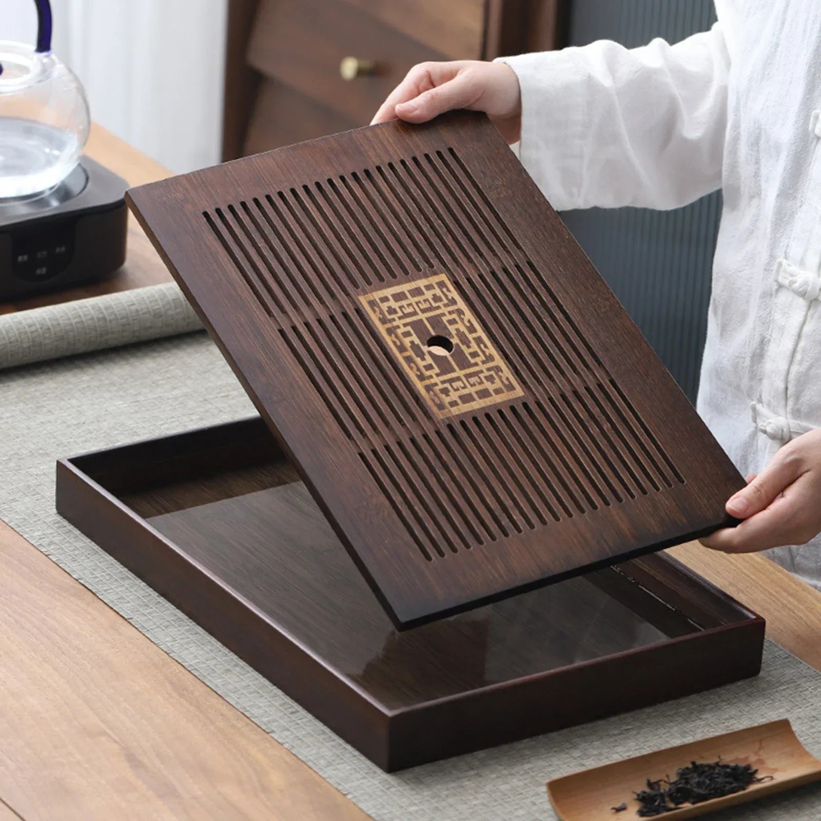 Maliben | Chinese Tea Tray with Water Storage Box Durable Simple Drainage Type Plate Tea Serving Tray for Teahouse Home Household Office