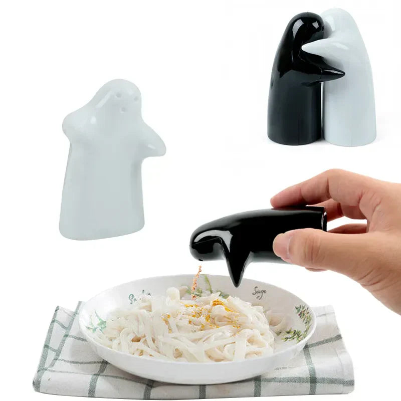 Maliben | Cute Embracing Ghosts Black and White Ceramic Salt and Pepper Mill