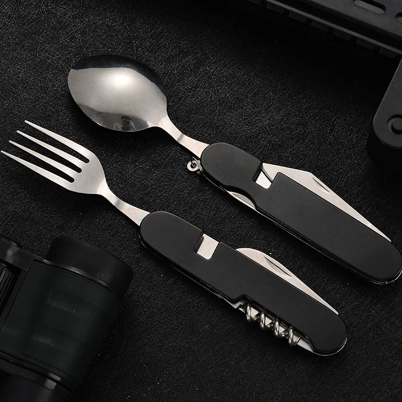 Maliben | 4-In-1 Outdoor Cutlery Set Camplico | Foldable Spoon, Fork, Knife & Bottle Opener | Stainless Steel & Compact | For Camping & Travel