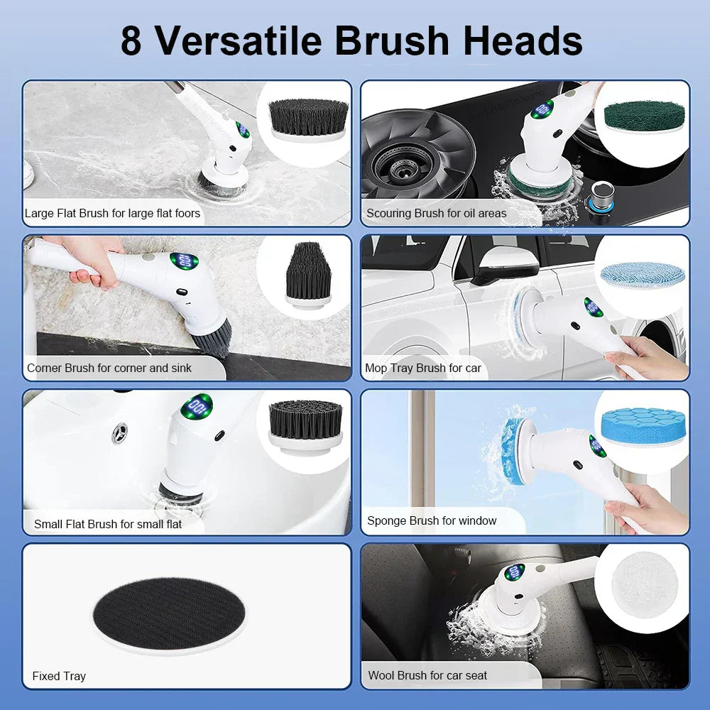 Maliben | SIngle Cleaning Solution: 8-in-1 Multifunctional Electric Cleaning Brush - Wireless And Rotating For Bathroom, Kitchen, Windows, And Toilet
